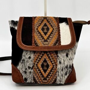 Myra Bag Stone Valley Backpack Women Brown Cowhide Canvas Rug Boho Western New